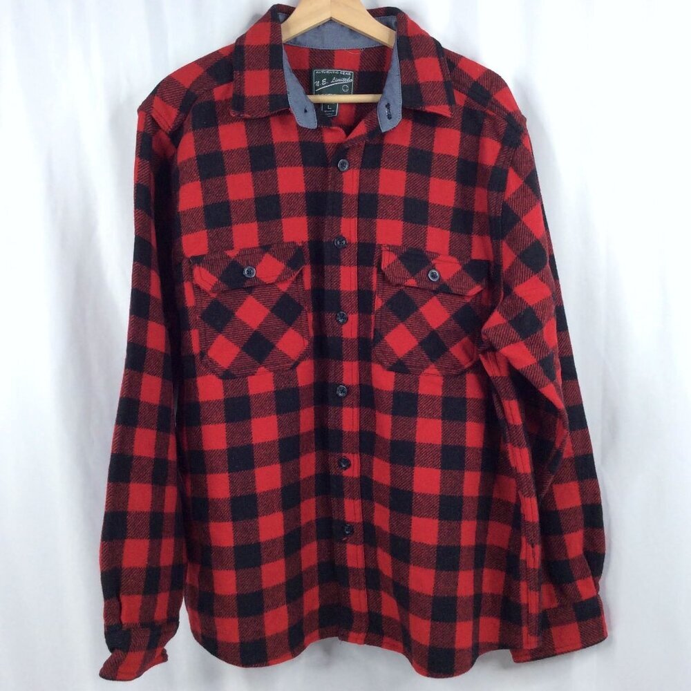 N.E. Limited Shirt Mens Size Large Red Black Buffalo Plaid Wool Blend Outdoor